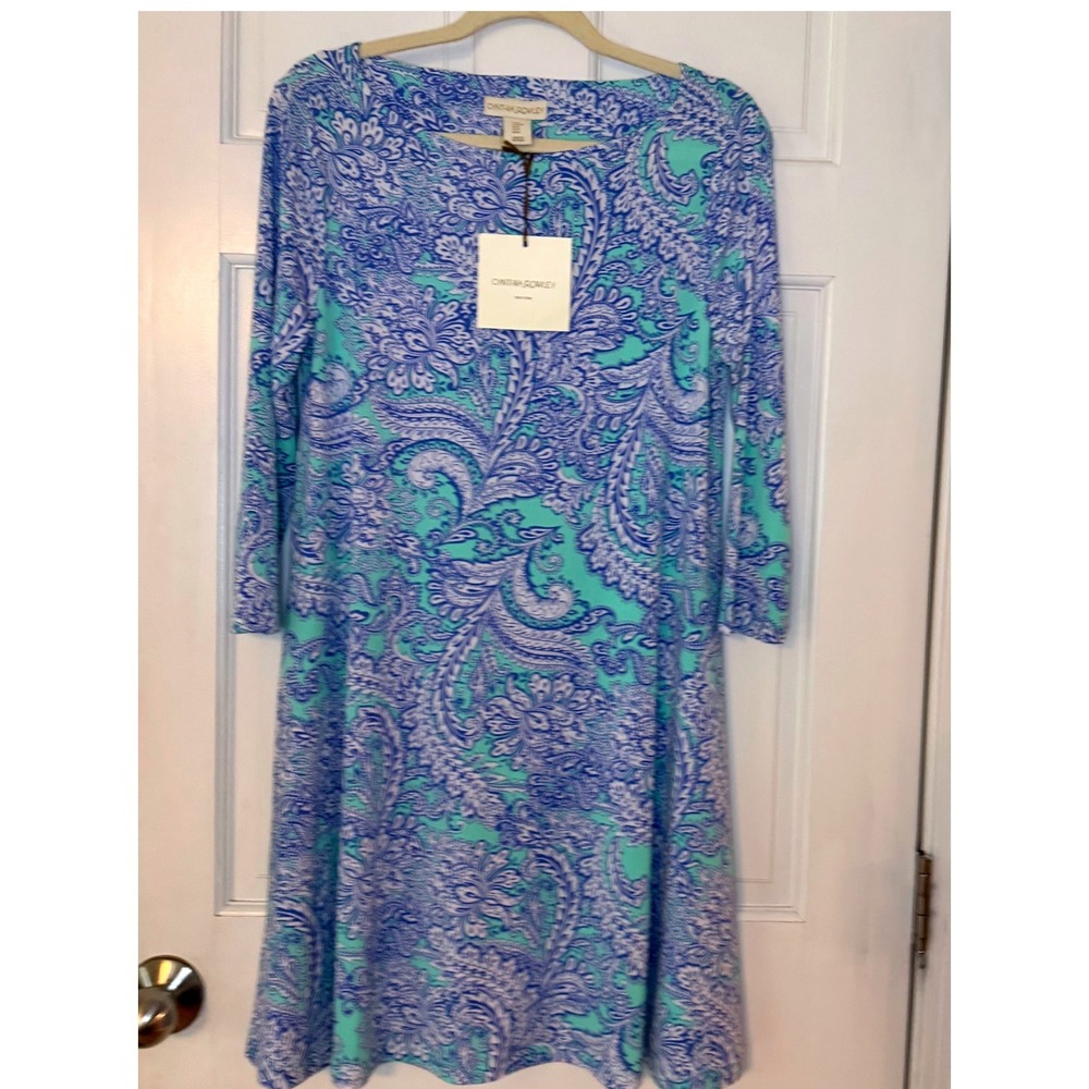 Cynthia Rowley Dress Womens Medium Blue Mint Paisley 3/4 Sleeve ALine Preppy NWT
